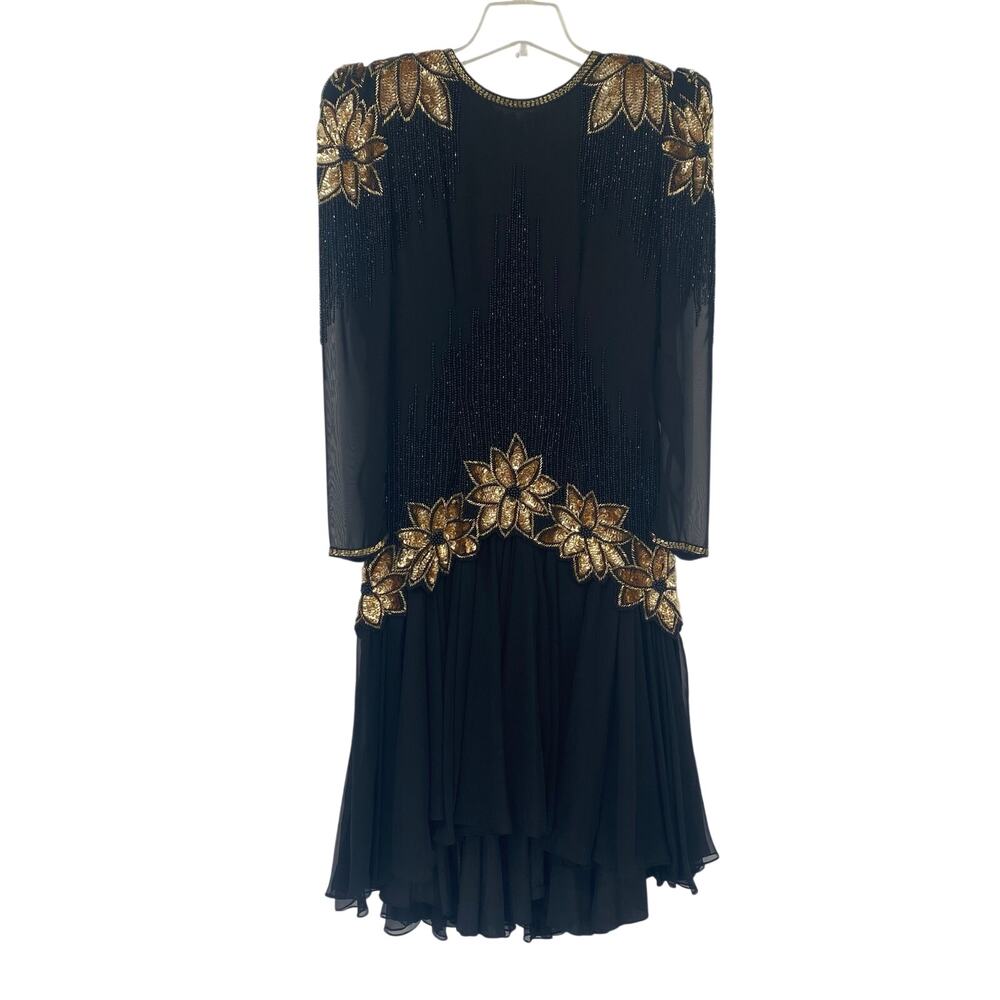 Black Tie Vintage 80s Black Beaded Gold Floral Drop Waist Dress Size 8
